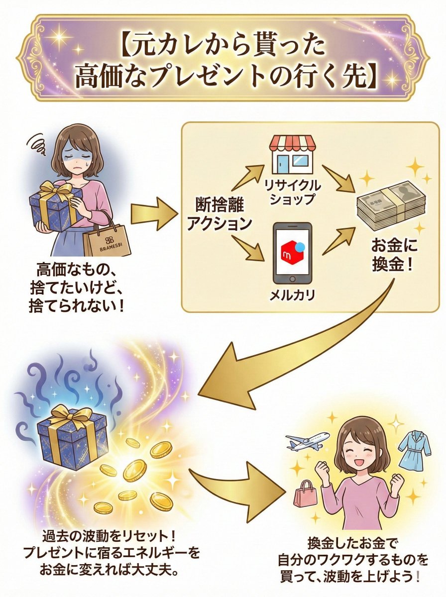 元カレから貰った高価なプレゼントの行く先】 高価なものの断捨離はコレ。捨てたいけど、捨てれない時は 「リサイクルショップ」や「メルカリ」でお金に換金すること。  その時の波動はそのプレゼントに宿っているのでお金に変えれば大丈夫。そして、換金したお金で自分の ...