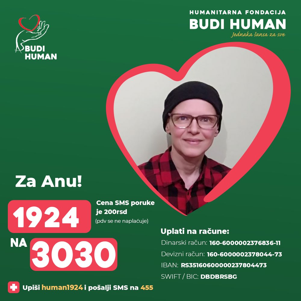 Na žalost, Ana boluje od zloćudnog tumora mekog tkiva grudnog koša, isto kao i Jovan za koga sam juče delila apel.
Pomozimo joj da pobedi u borbi za život. ❤️