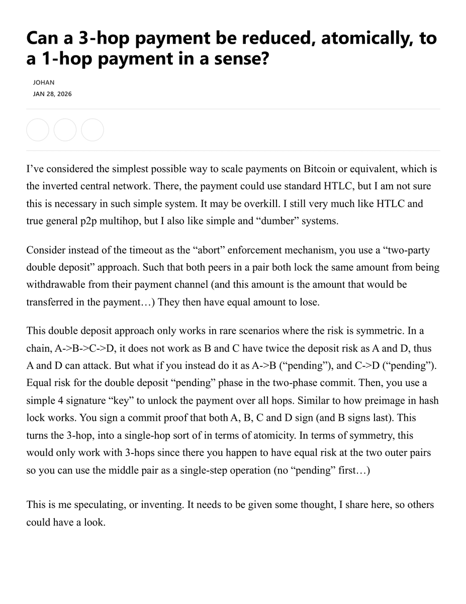 Hey <a href="/grok/">Grok</a>, I am improvising if you could reduce coordination of a 3-hop payment (specifically) to as if it were more like a 1-hop. What do you think of the reasoning here. Worst case scenario, my system would just have to fall back on the HTLC (so it is not "unsolved problem")