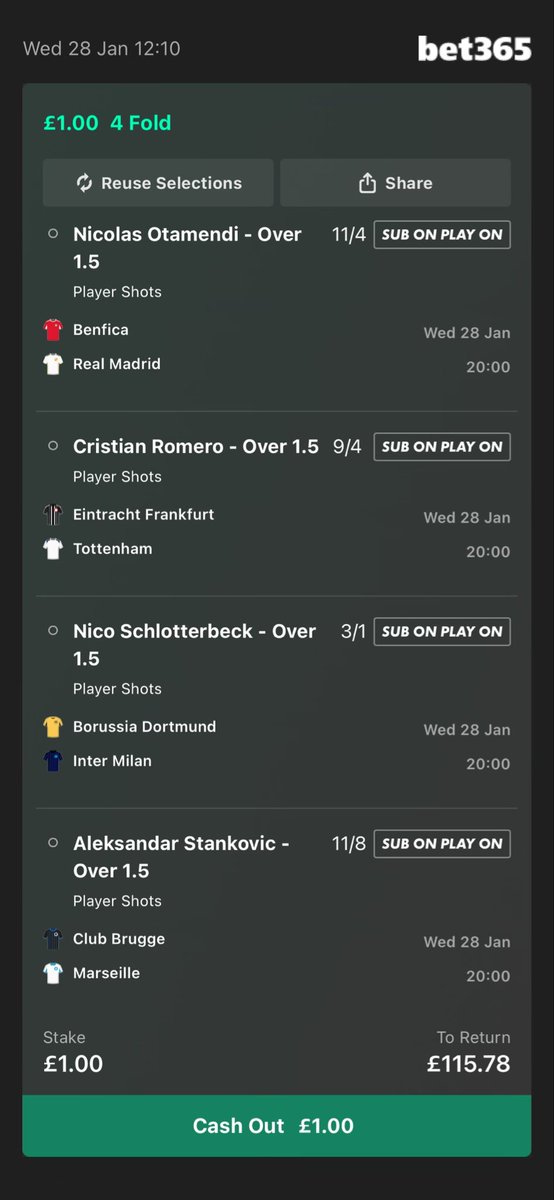114/1 Player Shots Longshot

4 defensive players to have a couple of shots. Gone through the stats and each of these can have 2 shots on their day.
 Potentially.

Load to your slip...

Here 👉🏼 bit.ly/49LZ8JE

18+ gambleaware.org #AD T&amp;Cs apply