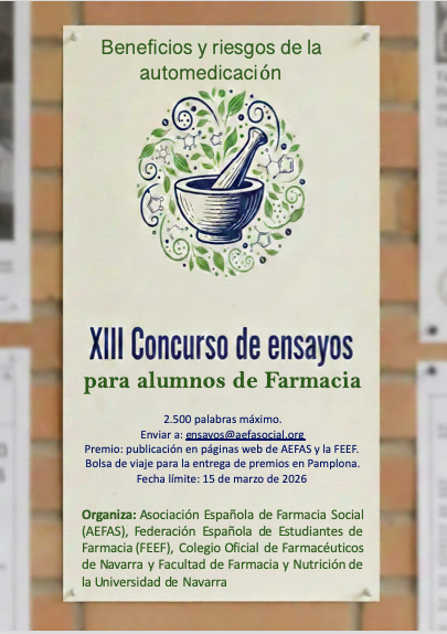 XIII CONCURSO DE ENSAYOS PARA ESTUDIANTES DE FARMACIA
Se abre la nueva convocatoria del Concurso de ensayos para estudiantes de Farmacia, 
aefasocial.org/xiii-concurso-…