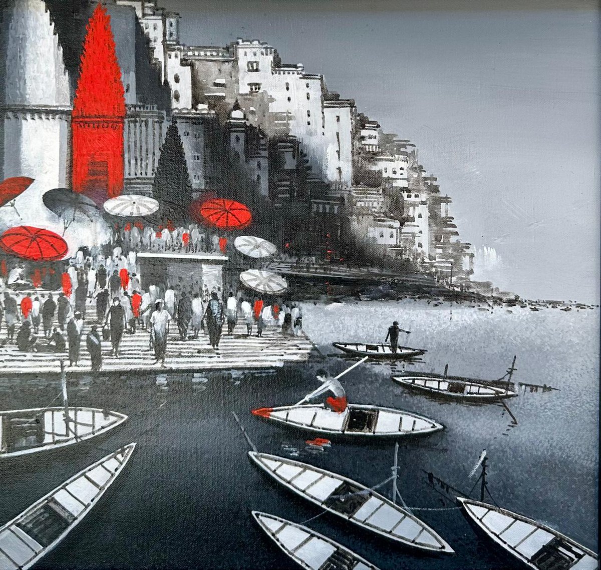 Step into the spiritual heart of India with Dilip Chaudhury’s "Varanasi Ghat." 

Message us for more information!
WhatsApp: +91 9819187697 - Bhavya Gala
Email: bhavya@rhythmartgallery.com

#rhythmartgallery #artgallery #painting #VaranasiGhat #DilipChaudhury