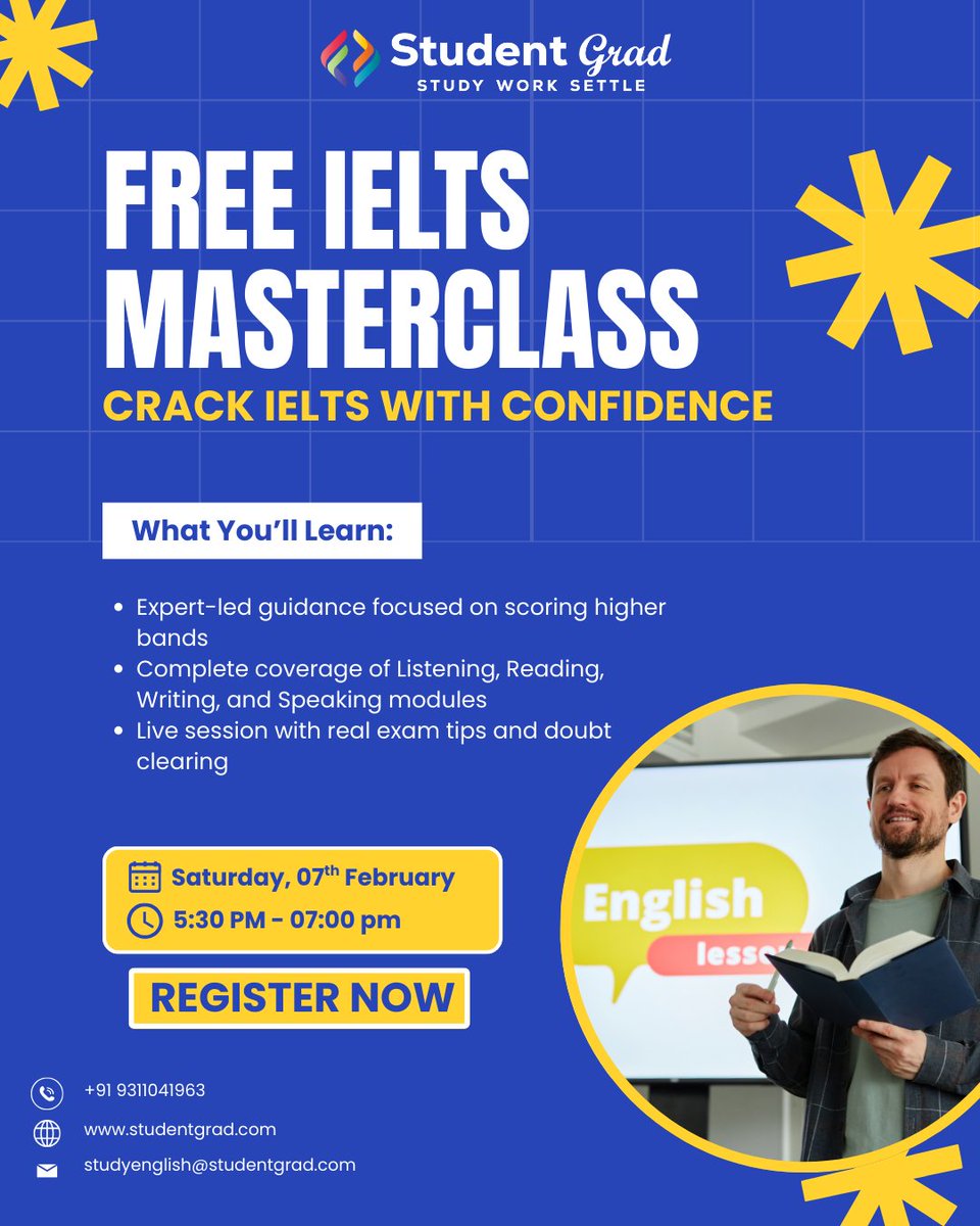StudentGradLtd's tweet photo. We’re back with our FREE IELTS Masterclass on 7th February | 5:30–7:00 PM.
Learn all 4 IELTS modules with expert tips to score Band 7+.

👉 Register now –  https://t.co/rcj4E0IhVf

#IELTSMasterclass #FreeIELTS #Band7Plus #IELTSTips #StudentGrad https://t.co/QTTZD6nC3P