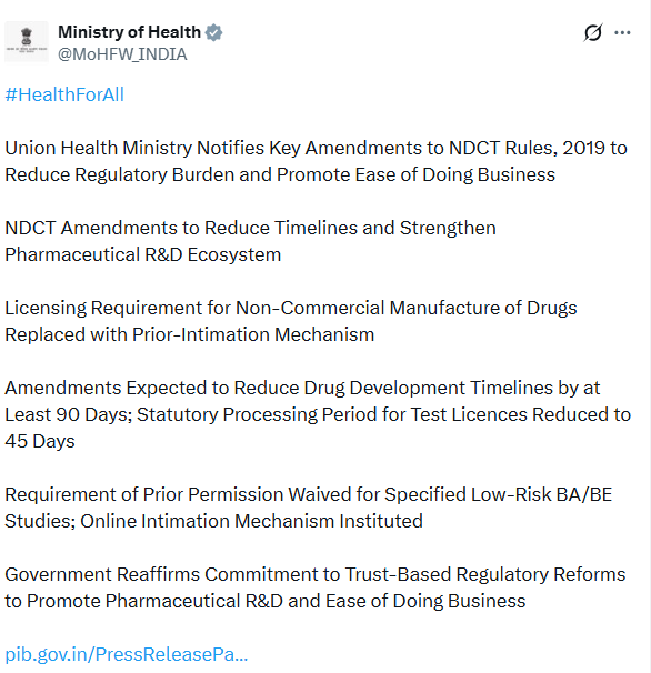 airnewsalerts's tweet photo. ▪️The government has notified key amendments to the New Drugs and Clinical Trials (#NDCT) Rules, 2019, to reduce regulatory burden and promote ease of doing business. 

 ▪️@MoHFW_INDIA said the changes will simplify processes, cut approval timelines, and enable faster clinical research and pharmaceutical development in the country.