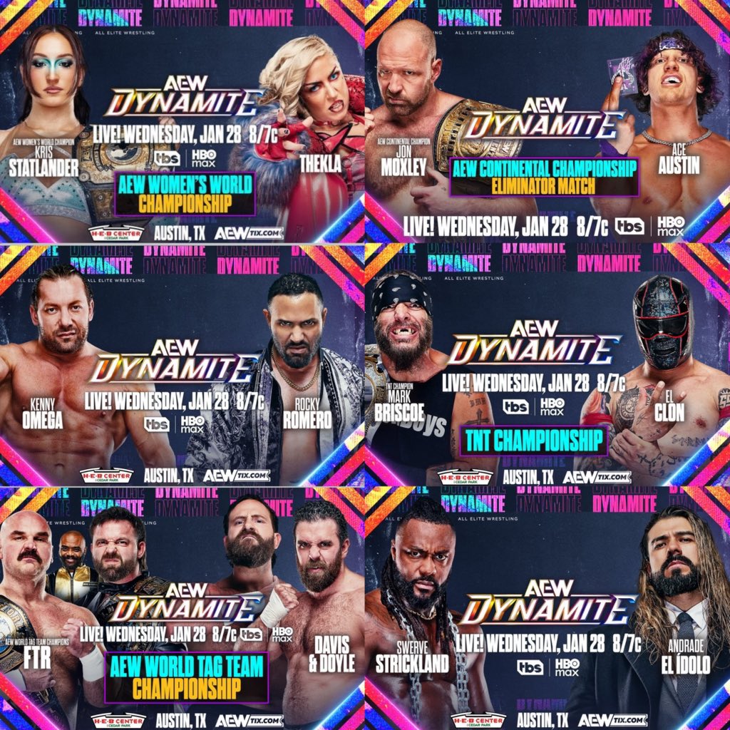كارد #AEWDynamite 
4فجراً ⏰
📺 - لايوجد ناقل بالشرق الاوسط
-نزال على ألقاب الفرق FTR يدافعون على الاقابهم ضد مارك ديفيس وجيك دويل ( جيك سومثنق)
-كريس ستاتلاندر تدافع على لقبها ضد ثيكلا
-مارك بريسكو يدافع على لقب TNT ضد ال كلون
-برومو بطل AEW مجف
-اندرادي ضد سويرف ستريكلاند
-جون