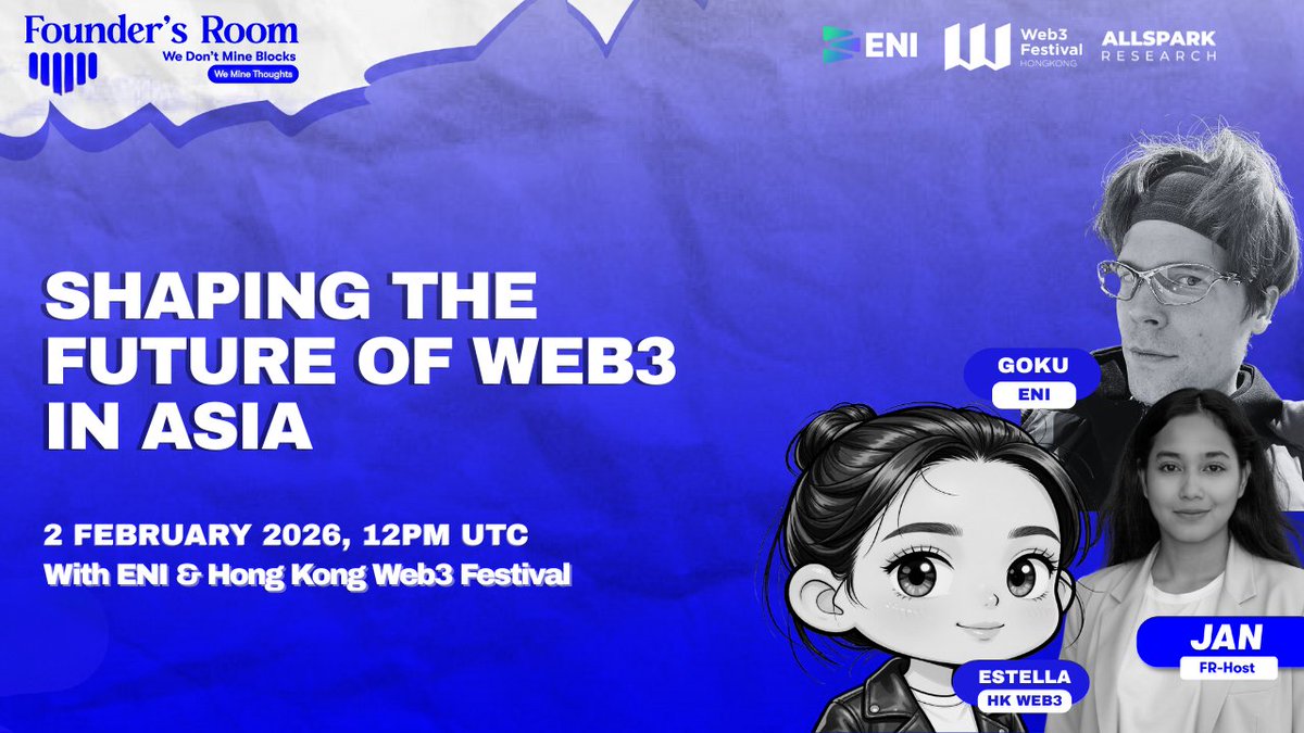 AlSparkResearch's tweet photo. 🎙 Founder’s Room AMA

Join us as the #HongKongWeb3Festival team shares what to expect from the upcoming event, with ENI offering insights on building and scaling in Web3 🚀

🗓 2 February 2026
⏰ 12PM UTC

Set the reminder 👇
https://t.co/U3DdDWK1UJ

Supported by @ENI__Official