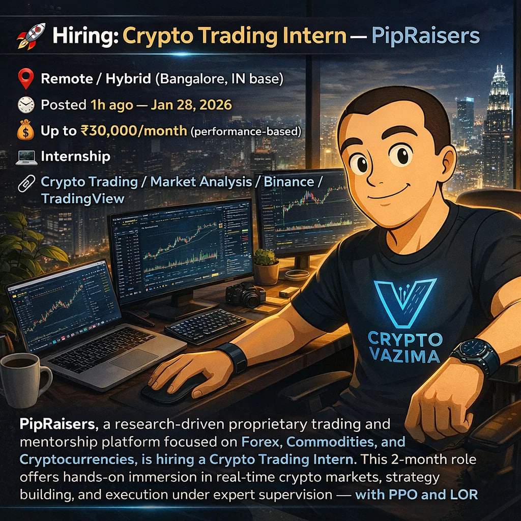 🚀 Hiring: Crypto Trading Intern — PipRaisers 📍 Remote / Hybrid | 💼  Internship | 🧑‍💻 Crypto Trading / Binance / TradingView | 💰 Up to  ₹30k/mo (performance) | 🕐 Posted 1h