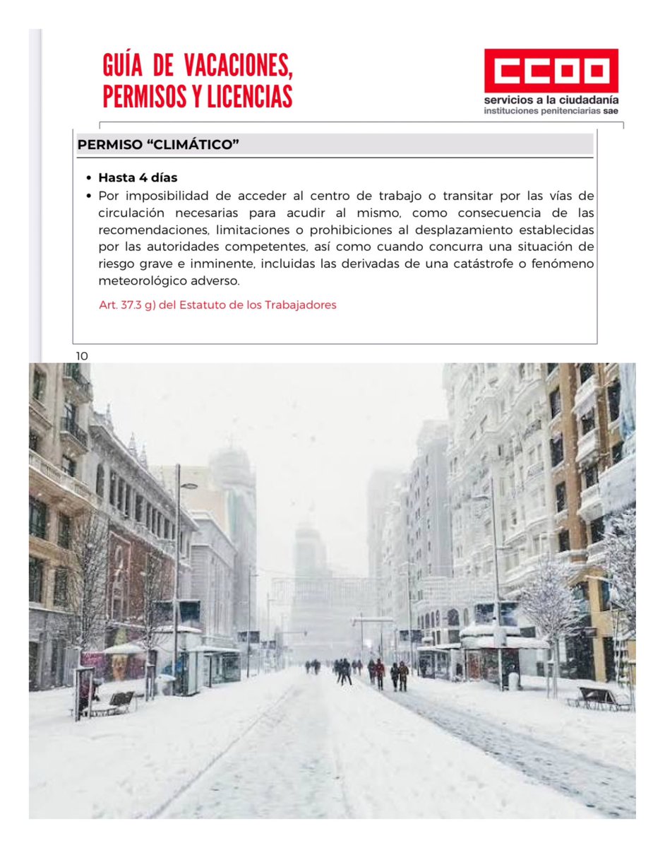 🌧️❄️ PERMISO “CLIMÁTICO”

🔴 Hasta 4 días cuando no sea posible acudir al trabajo por restricciones de movilidad o riesgo grave e inminente (catástrofes o fenómenos meteorológicos adversos).

📜 Art. 37.3 g) ET

👉 La seguridad, primero.

<a href="/CCOO_Prisiones/">CCOO_Prisiones</a>