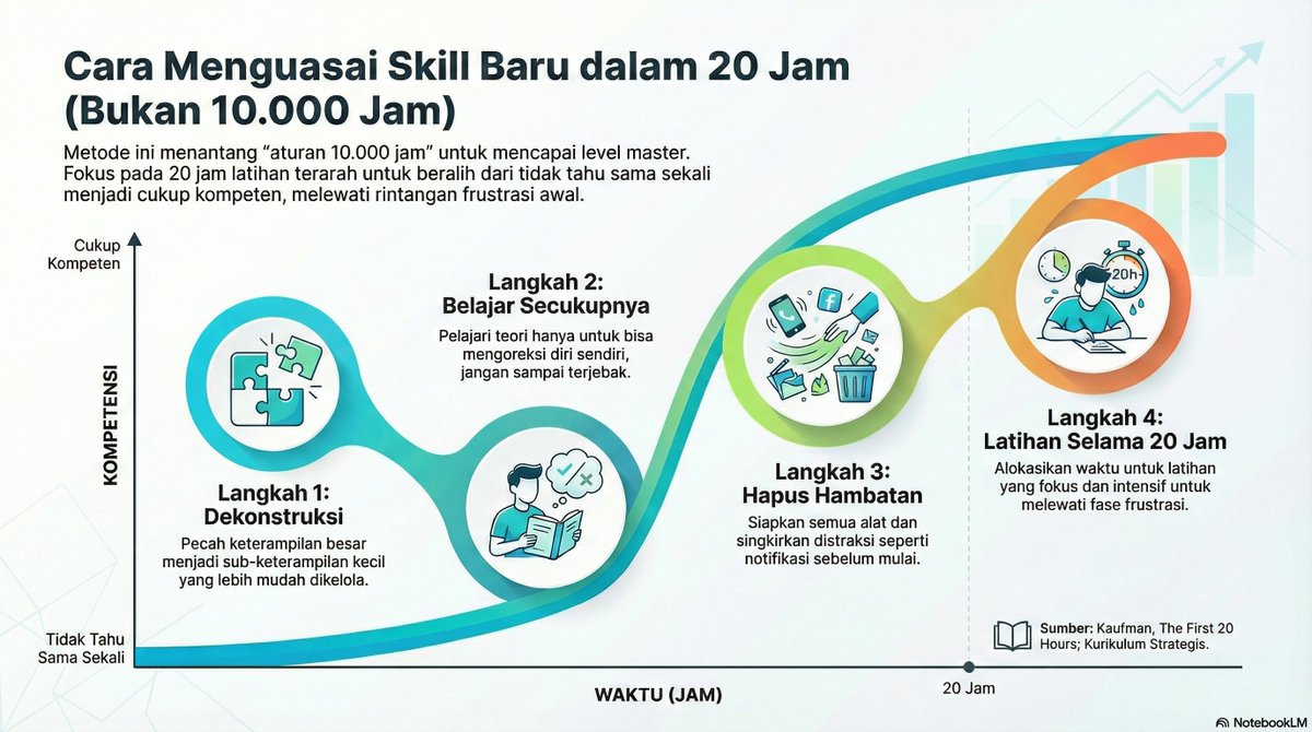 Putuputrayasa's tweet photo. Mitos terbesar dalam belajar adalah butuh 10.000 jam untuk bisa pindah karier. Padahal, data menunjukkan Anda hanya butuh 20 jam pertama intensif
#PutuPutrayasa #20HoursSkill #RapidSkillAcquisition #100HariProfesiBaru #DigitalTalent #Productivity #CareerTransition #AIStrategy https://t.co/yihjeu8ddt