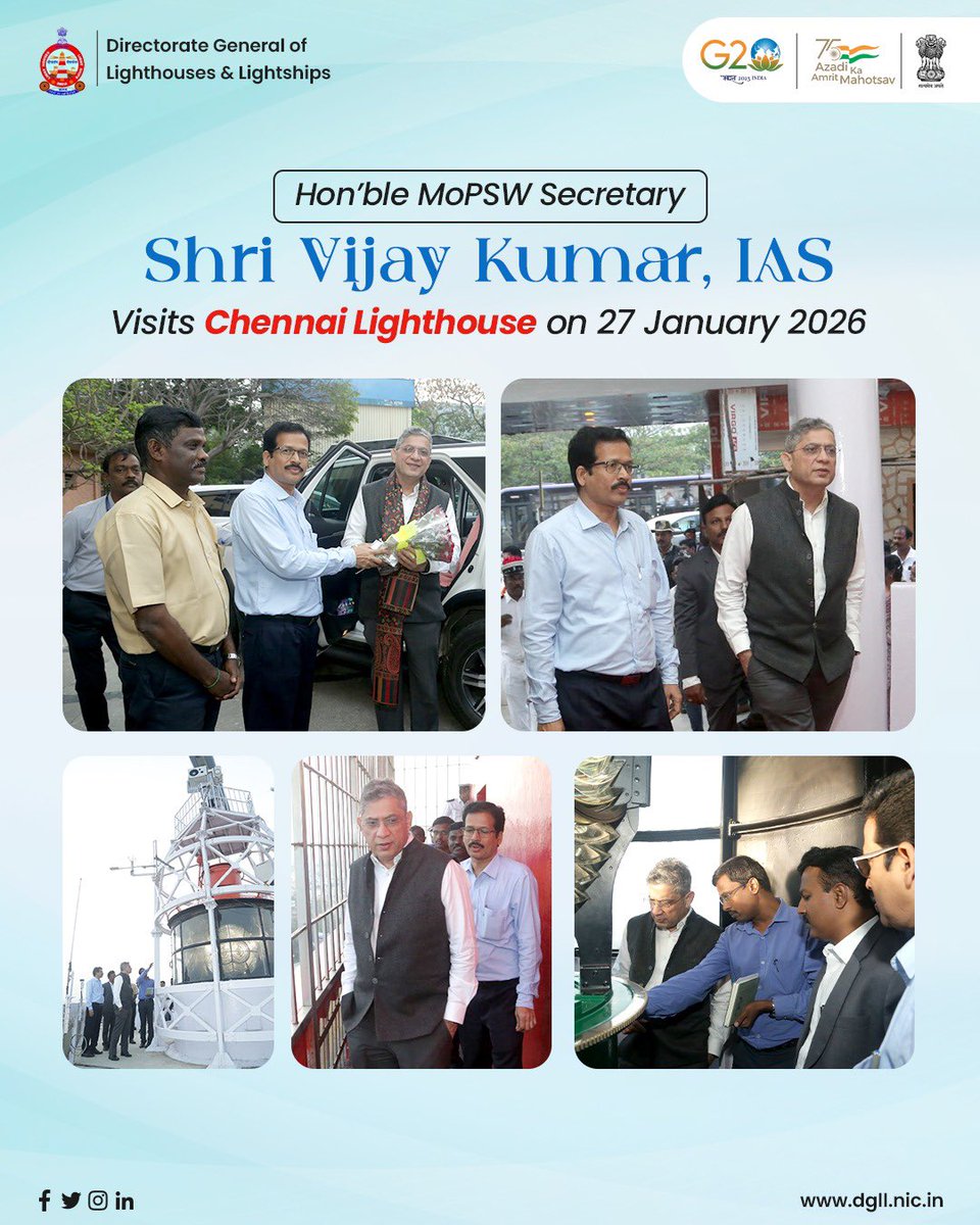 dgll_india's tweet photo. Hon’ble MoPSW Secretary Shri Vijay Kumar, IAS, visited Chennai Lighthouse on 27 January 2026, highlighting the importance of maritime heritage and navigational safety.
#MoPSW #ChennaiLighthouse #MaritimeHeritage #NavigationSafety #LighthouseVisit #DGLL https://t.co/cT30rK3lc8
