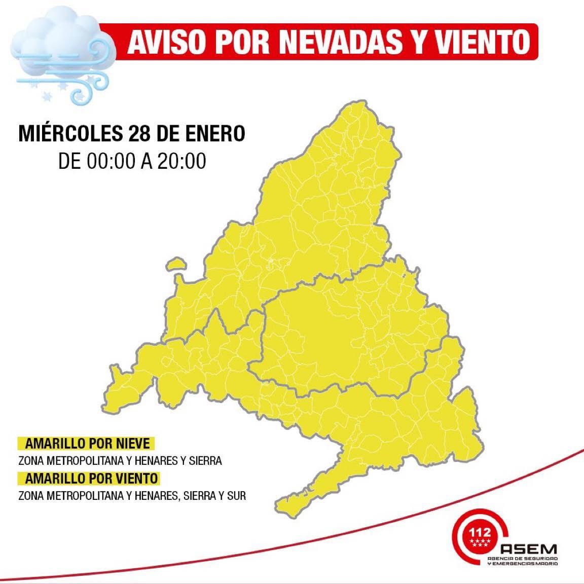 🟡 Aviso amarillo de @aemet_madrid

 🗓️ Miércoles 28 de enero.

📍Metropolitana y Henares 
🕒 De 6:00 a 12:00h.

💨 Viento.
📍Toda la <a href="/ComunidadMadrid/">Comunidad de Madrid</a> 
🕒 De 6:00 a 20:00h.

Rachas máximas de 80 km/h sierra y 70km/h resto.