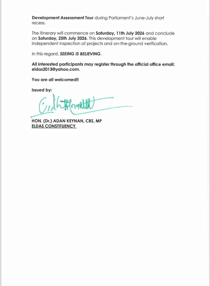 After 30 years in Parliament, the Eldas MP has finally decided to visit his constituency.
To the people of Mandera, Wajir, &amp; Garissa ; we will bring your leaders back home. Let no one return home just to mislead wananchi with empty promises.