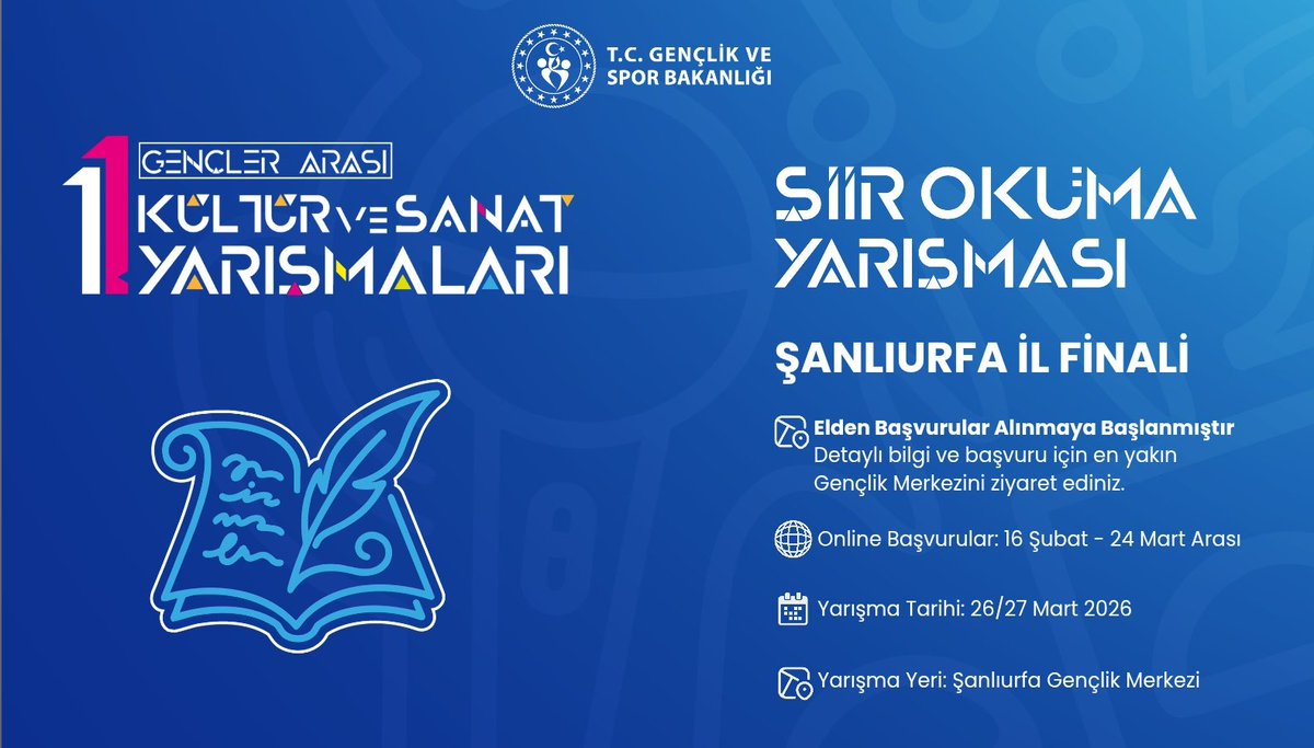 Gençler Arası Kültür ve Sanat Yarışmaları #Şanlıurfa İl Finalleri heyecanı başlıyor. 

Tiyatro, Ses, Şiir Okuma ve Bilgi Yarışması dallarında yeteneğini göstermeye hazır mısın? 🌟

Detaylar ve takvim görselde 👇
#GSB #Şanlıurfa #GençlikMerkezi #SahneSenin

<a href="/OA_BAK/">Dr. Osman Aşkın Bak</a>
<a href="/gencliksporbak/">Gençlik ve Spor Bakanlığı 🇹🇷</a>
