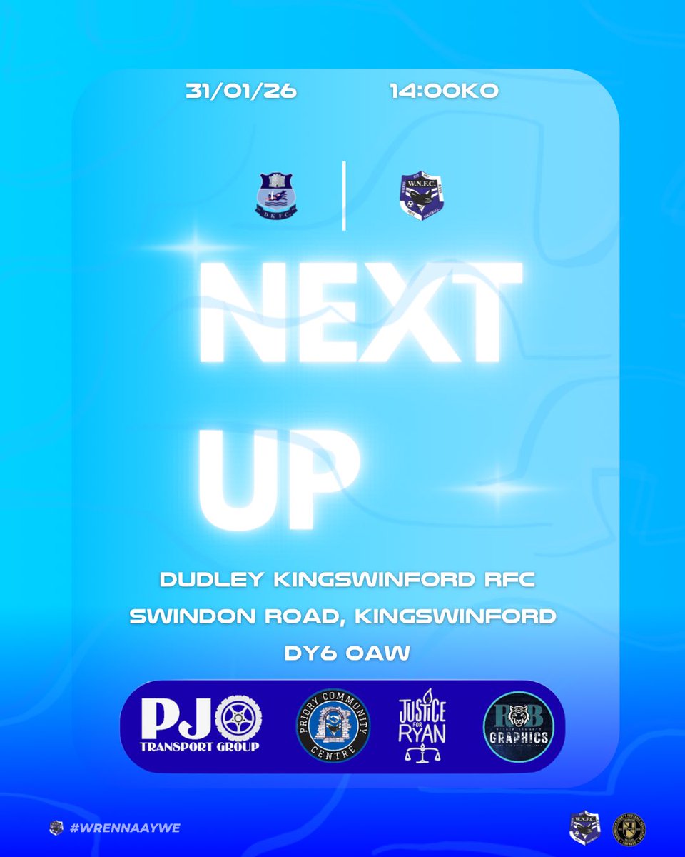 NEXT UP 🔜

Dudley Kingswinford ⚔️
West Midlands Regional League 🏆
Dudley Kingswinford RFC 🏟️
31-01-26 📆
2:00pm KO ⚽️

#wrennaaywe🧡💙