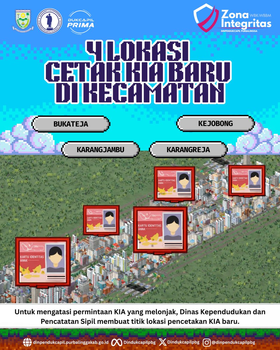 Sekarang ada kabar gembira buat cetak Kartu Identitas Anak (KIA). Bukan halu atau cuma di game, tapi nyata ada 4 lokasi baru: Bukateja, Karangjambu, Karangreja, dan Kejobong!  😉

#Dukcapil #DukcapilJateng #DukcapilPurbalingga #PemkabPurbalingga #Purbalingga