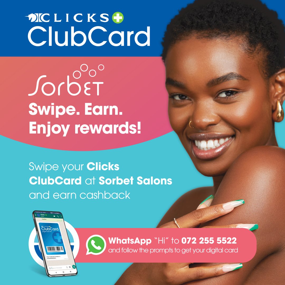 Clicks_SA's tweet photo. Your salon visits, now more rewarding
From manicures to massages, every swipe of your Clicks ClubCard at Sorbet earns you cashback you can spend at Clicks.
Treat yourself and your wallet. -> https://t.co/2PdNq7v342
#ClicksClubCard #SorbetSalon https://t.co/BbQdVarOl0
