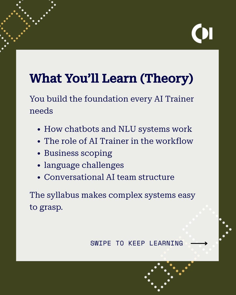 CDInstitute_'s tweet image. AI assistants fail when they misunderstand users.

AI Trainer 1 teaches how to train, optimise, and improve conversational AI through intent design, NLU metrics, and systematic iteration.

Enroll here:
hubs.la/Q03Z6yDN0

#AITraining #ConversationalAI #NLU #AIUX #AICareers