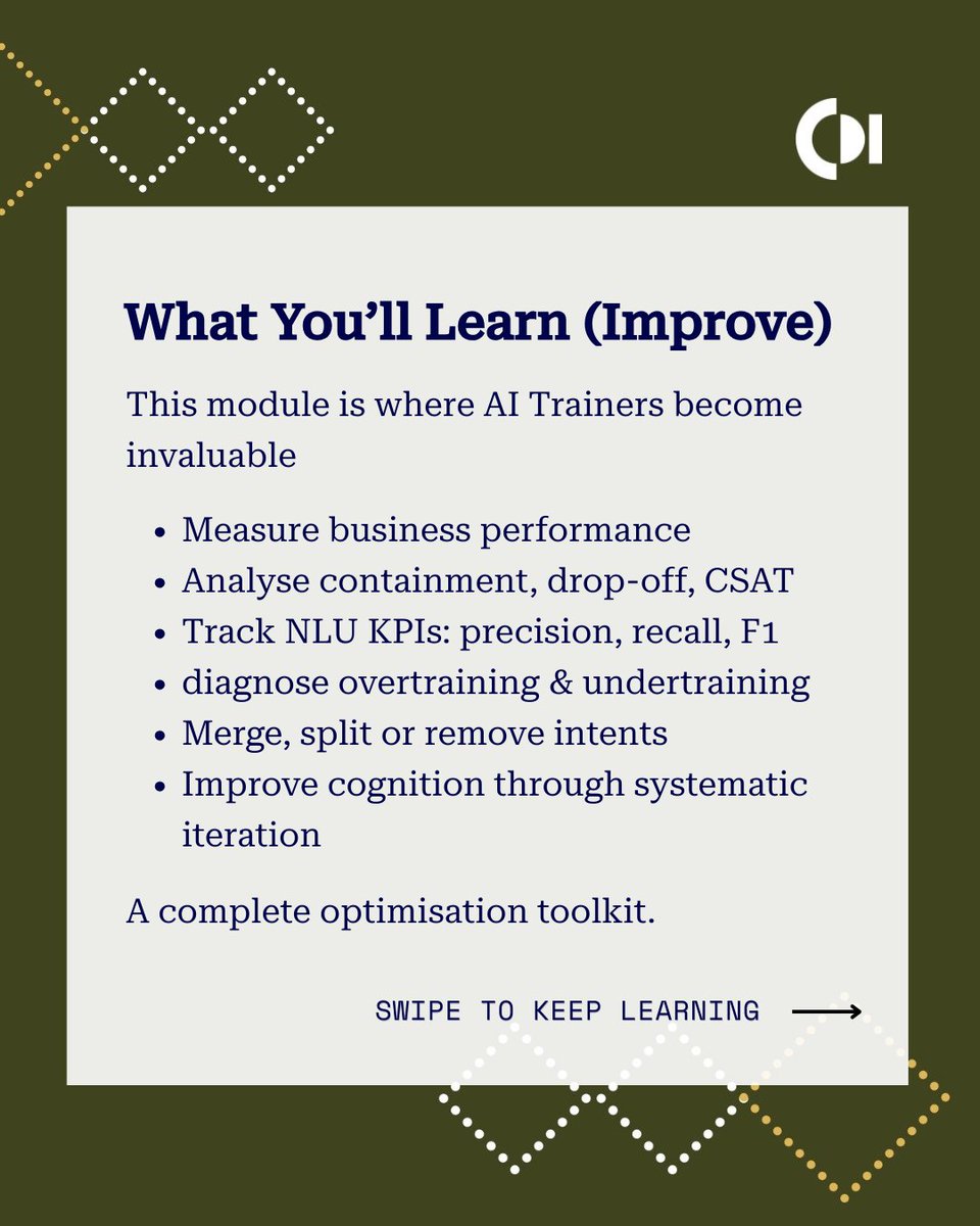 CDInstitute_'s tweet image. AI assistants fail when they misunderstand users.

AI Trainer 1 teaches how to train, optimise, and improve conversational AI through intent design, NLU metrics, and systematic iteration.

Enroll here:
hubs.la/Q03Z6yDN0

#AITraining #ConversationalAI #NLU #AIUX #AICareers