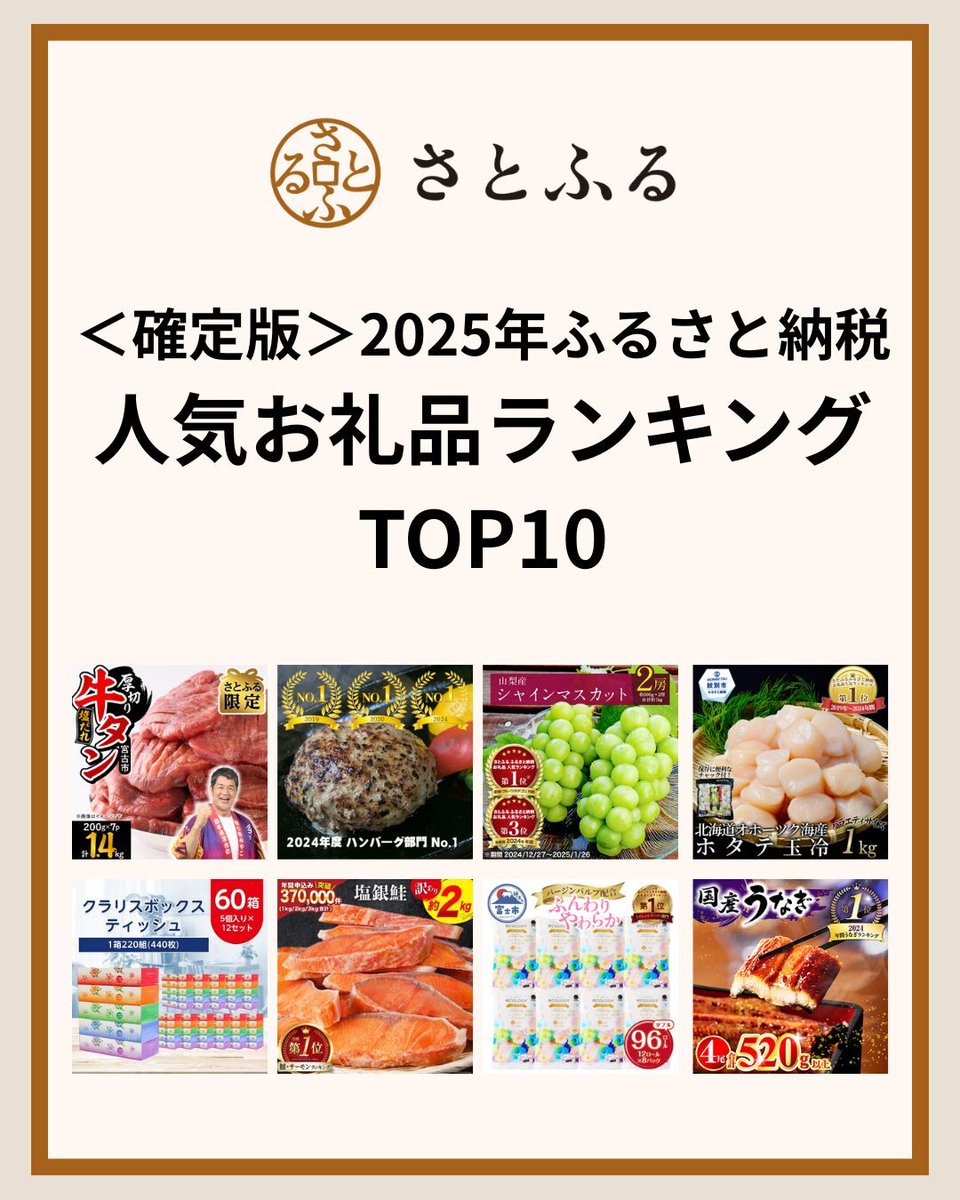2025年人気だったお礼品は？ ＼ 🏆2025年ふるさと納税人気お礼品ランキング（確定版）を発表！🏆 6年連続1位だった「ホタテ」を抜き、  「牛タン」が初の首位に🎉 今後のお礼品選びの参考にも、ぜひご覧ください✨ ▽ランキング詳細はリプ欄から #さとふる #ふるさと納税 ...