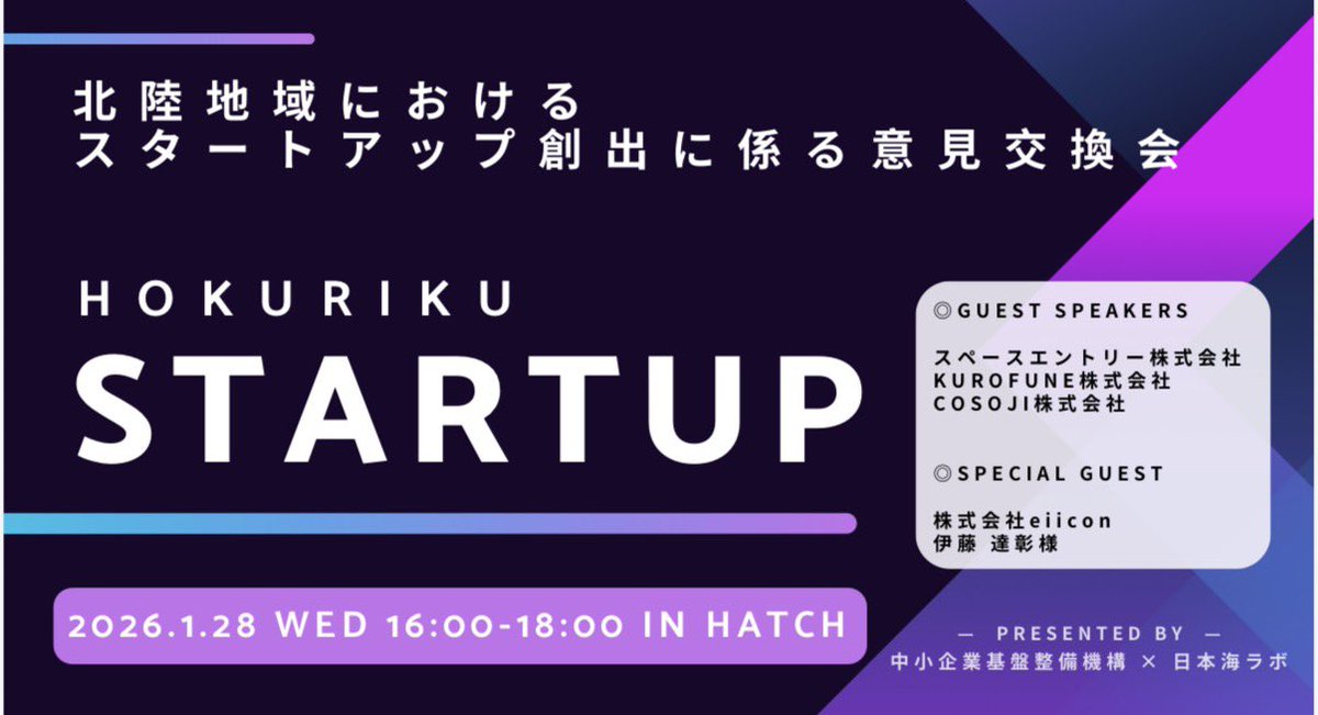 HATCH_2020's tweet image. 本日、HATCHでは北陸地域でスタートアップに関わる方約30名が集まり、意見交換会を開催！👏👏
HATCH法人会員の松本さん（@space_entry）にもご登壇いただき、宇宙開発事業や今後の展望についてお話しいただいています👏🚀✨
北陸からも、スタートアップを起点にどんどん盛り上がっていきたいですね！