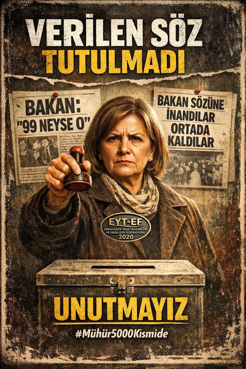 Bakan tarafından Verilen sözler tutulmadı.
İnsanları borçlandırıp ortada bıraktınız.
5000 prim ve Kısmi Emeklilik mağdurlarına yapılan haksızlığa artık son veriniz. 
#Mühür5000Kısmide
#MühürEmeklide