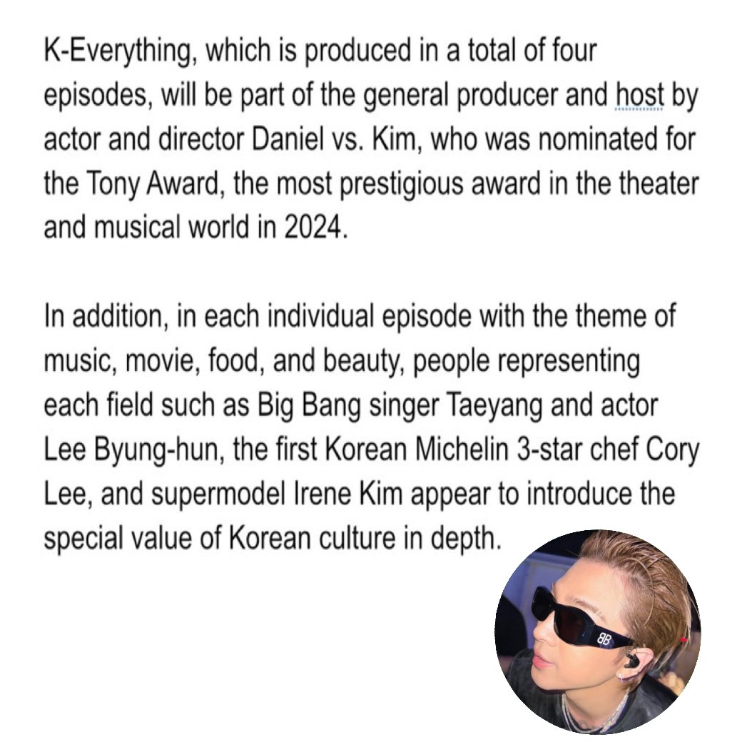 TAEYANG WILL FEATURE IN A DOCUMENTARY abt korean culture, he’ll be part of the music segment omgggg