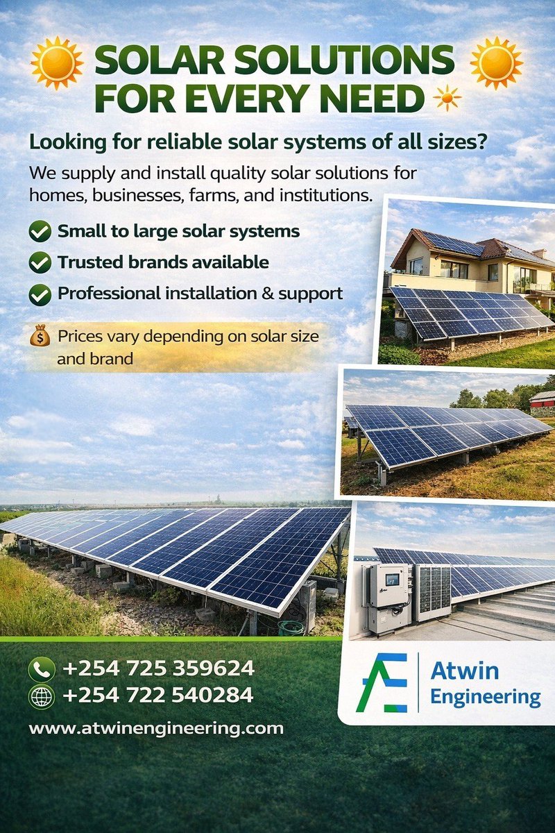 EngAtwin's tweet photo. Looking for reliable solar systems of all sizes? We supply and install quality solar solutions for homes, businesses, farms, and institutions.  ✔ Small to large solar systems ✔ Trusted brands available ✔ Professional installation &amp; support  https://t.co/RSaLNHyec0 https://t.co/PIZ4KCzoZs