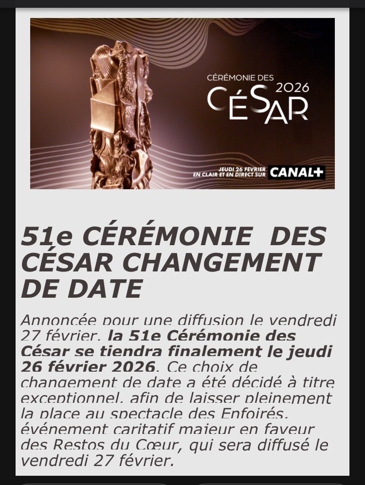 🛑 La date de la cérémonie des César est avancée de 24h ! Elle aura lieu le jeudi 26 au lieu du vendredi 27 février 2026

#Cesar2026
