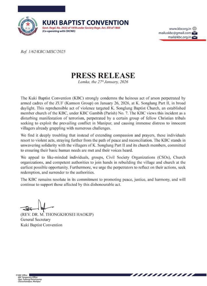 Manipur: After K. Songlung was burnt down by members of the so-called “Dedicated Christian Youth” group, the KBC, under which the village’s denomination falls is compelled to issue a strong condemnation of the ZUF (Kamson) gang members. Truly, they are “Dedicated Christians.”