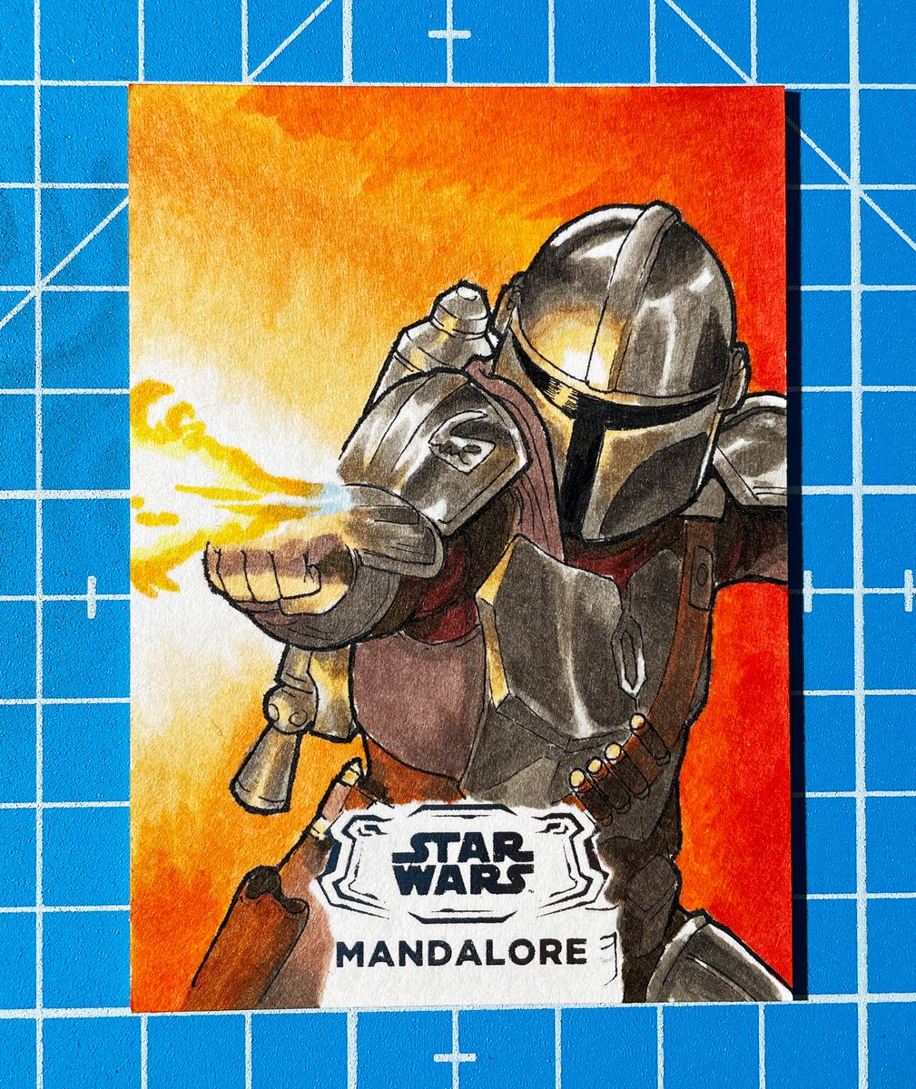 snorpixel's tweet photo. The Mandalorian Sketch Card for Star Wars Hyperspace 2025.  

Hand-drawn with Copics on 2.5 x 3.5” card.    

Let me know if you find it in stores!    

#sketchcards #toppsstarwars #toppscards #toppsartist #sketchcardart https://t.co/owEXpjN3hW