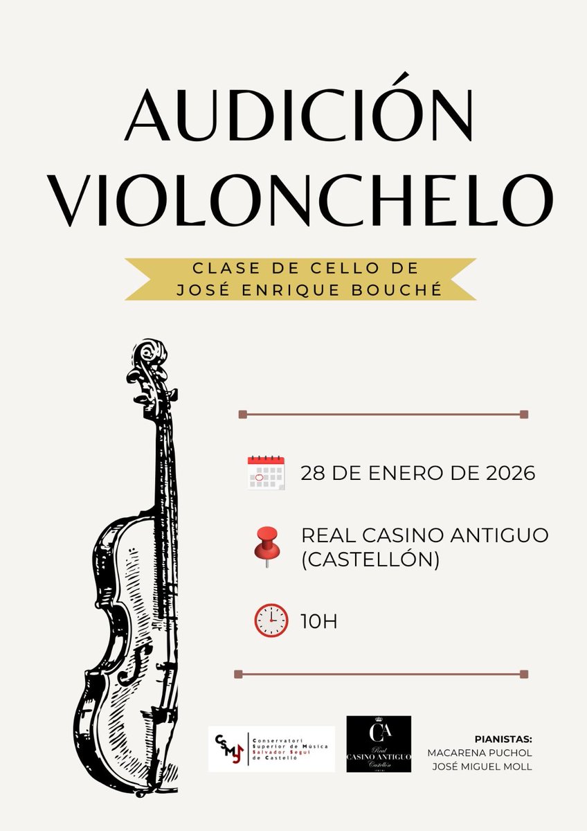 CasinoAntiguo's tweet photo. Hoy, miércoles 28 de enero a las 10:00h, Audición de Violonchelo por alumnos del Conservatori Superior de Música "Salvador Seguí" de Castelló 

** Entrada libre hasta completar aforo https://t.co/AlunsBdSf5