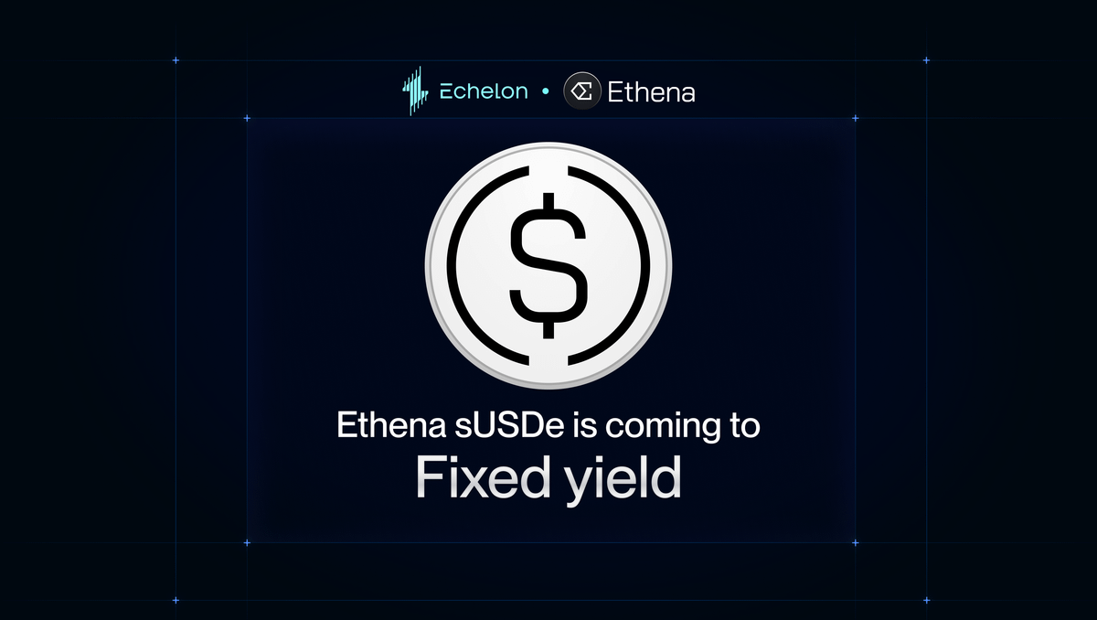EchelonMarket's tweet photo. Ethena sUSDe joins Echelon’s Fixed Yield product as a Day 1 launch partner.

Users can lock in fixed rates with PT-sUSDe, speculate on yields with YTs, and use PTs in lending as collateral to access leveraged yield strategies. 

All PTs and YTs will earn @ethena Sats incentives.

Stay tuned for the launch.