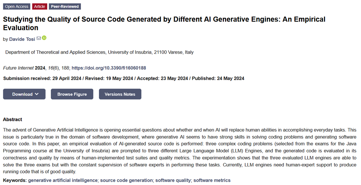 FutureInternet6's tweet photo. 📢#MDPIfutureinternet | Highly Cited Articles in #ArtificialIntelligence

📝 Studying the Quality of Source Code Generated by Different AI Generative Engines: An Empirical Evaluation

🔗 https://t.co/BaVQNwLsRu

#generativeartificialintelligence 

@ComSciMath_Mdpi https://t.co/dqQLwdWC9L