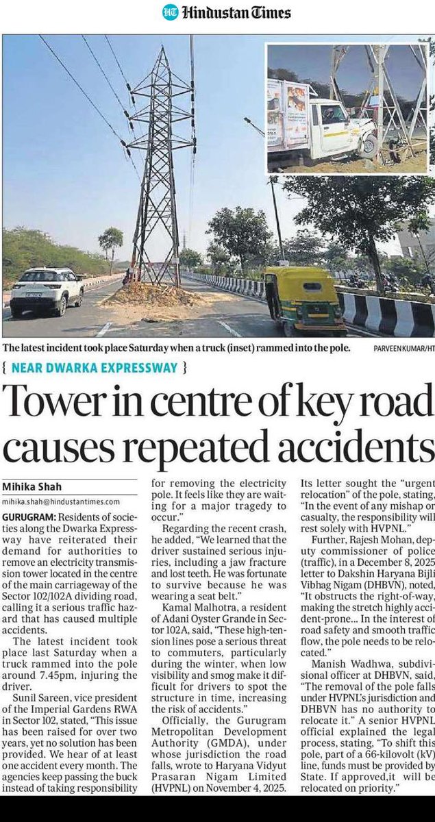 Sector 102/102A #Gurugram #DXP master road. HT pole in middle caused multiple accidents. Authorities waiting for FATALITIES to act. 

#gurugram #DXP  

<a href="/anilvijminister/">Anil Vij Ambala Cantt Haryana, India</a>
<a href="/VipulGoelBJP/">Vipul Goel</a> 
<a href="/OfficialGMDA/">GMDA</a>
<a href="/HVPNL1/">Haryana Vidyut Prasaran Nigam Ltd.- HVPNL</a>
<a href="/MinOfPower/">Ministry of Power</a>   
<a href="/DC_Gurugram/">DC Gurugram</a> 
<a href="/DGPHaryana/">DGP Haryana Police</a> 

<a href="/cmohry/">CMO Haryana</a> 
<a href="/NayabSainiBJP/">Nayab Saini</a>