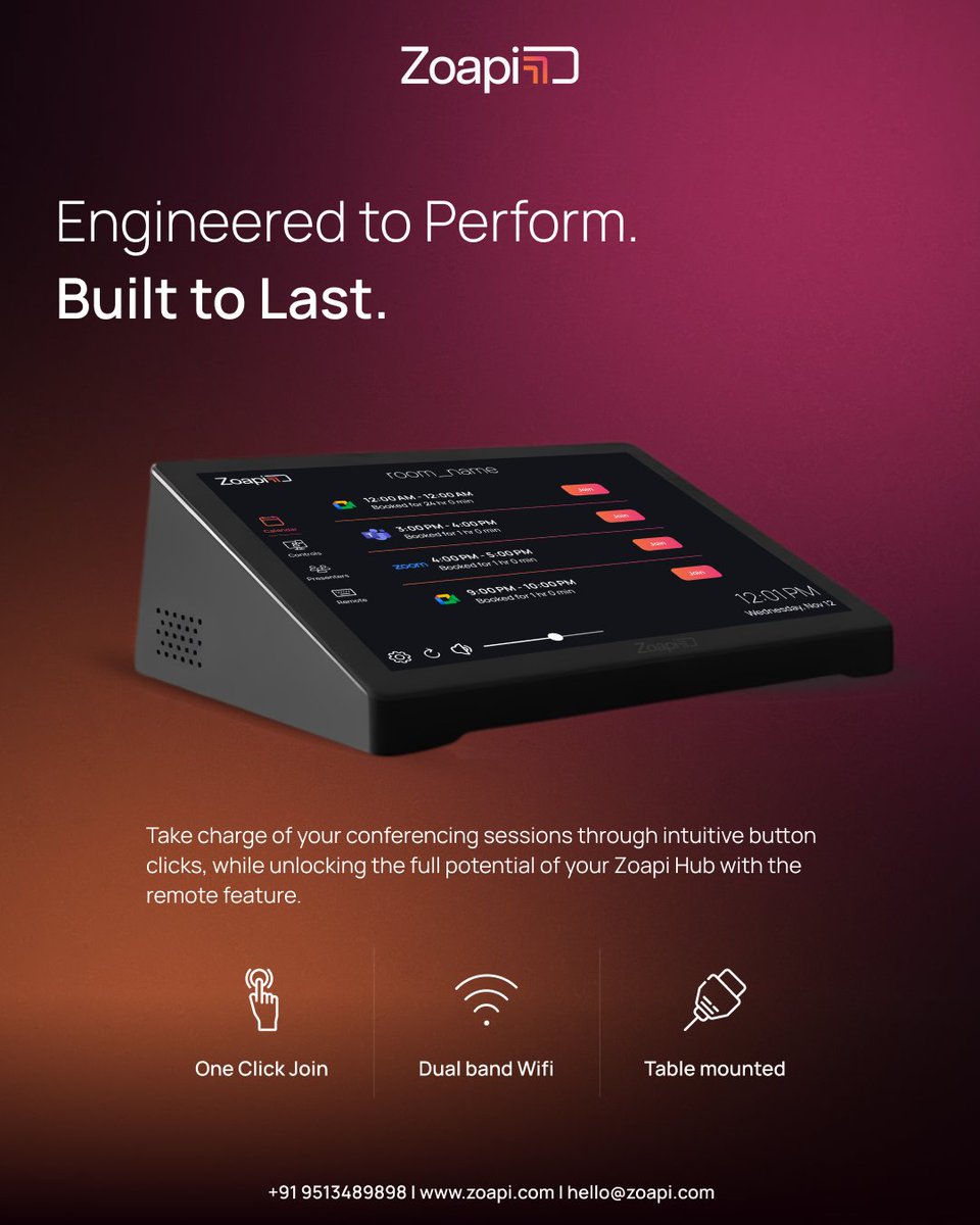 ZoapiInnovation's tweet photo. Meeting rooms work better when control is simple and reliable.

The Zoapi Room Controller paired with Zoapi Hub Meet helps teams start faster manage meetings easily and stay focused.

Built for performance. Designed for everyday use.

#SmartMeetings #Zoapi https://t.co/FD0brNkGTh