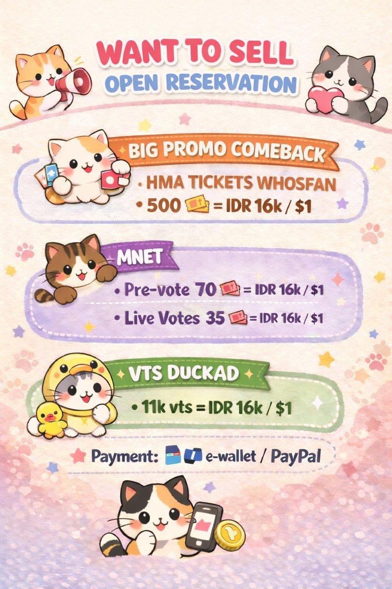 dicariemmak's tweet image. WANT TO SELL / OPEN RESERVATION

‼️BIG PROMO‼️
HMA TICKETS WHOSFAN
• 500 🎟️ = IDR 16k / $1

M COUNDOWN MNET
• Pre-vote 
 70 🎟️ = IDR 16k / $1 
• Live Votes 
35 🎟️ = IDR 16k / $1 

VTS DUCKAD
• 11k vts = IDR 16k / $1

wts wtb sell jual beli vote voting mnet mcountdown prevote