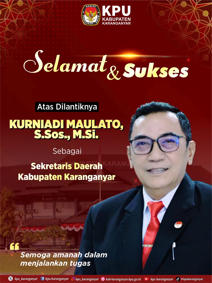 #Temanpemilih, KPU Karanganyar mengucapkan selamat dan sukses atas dilantiknya Kurniadi Maulato, S.Sos., M.Si. sebagai Sekretaris Daerah Kabupaten Karanganyar.

Semoga amanah dalam menjalankan tugas.

#KPUKaranganyar
#Sekretarisdaerahkaranganyar