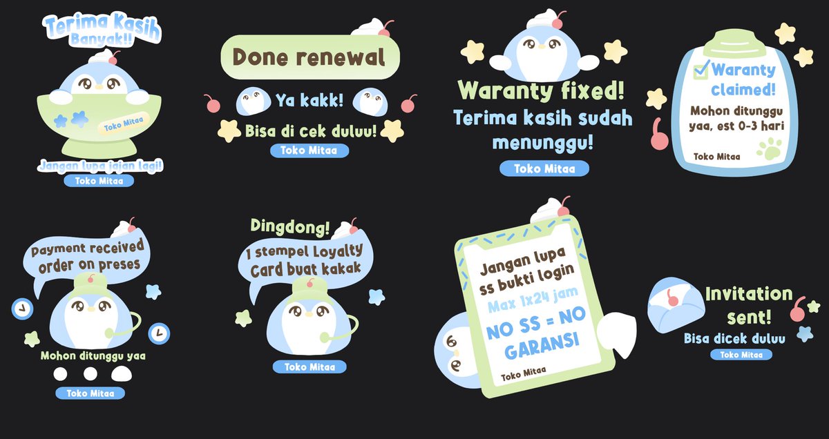 https_mitamitaa's tweet image. Help Rt, thank youu!
Haloo, mitaa ada sticker pack tema cafe pinguin nihh 🐧

Price: 20k/set
Bisaa di replace text, dapat format berupa sticker pack whatsapp. Yang berminat sungg wa mita di bio yaa  #zonauang