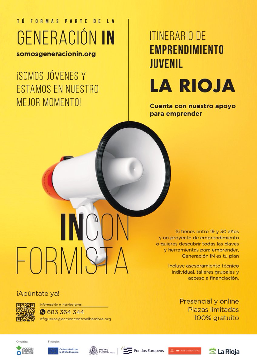 logronojoven's tweet photo. 📢El programa Generación IN organizado por @Acontraelhambre está dirigido a personas INquietas, INvencibles, INteligentes
"No somos NINIs, somos la Generación IN"
Requisitos:
✅Entre 18 y 30 años
✅Situación de desempleo 
✅Apuntado en @garantia_juv 
✍️ℹ️https://t.co/6pXv2wI0Eb https://t.co/n4QU3m5aCA