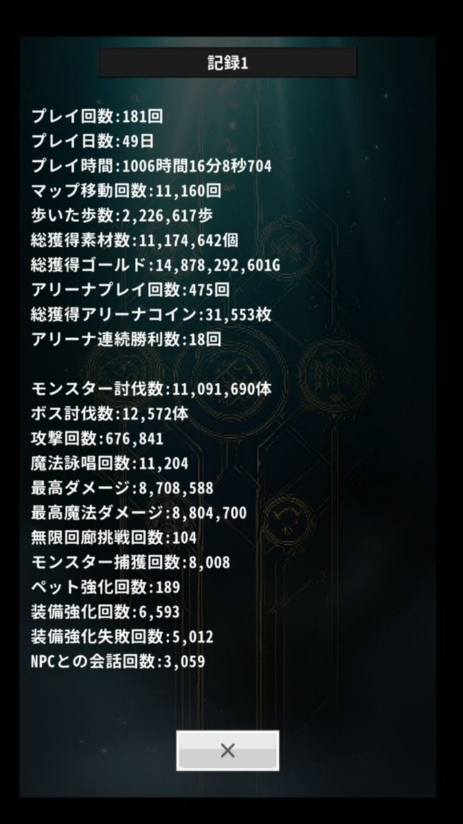 記録やアクセ状況、上のほうのアクセはほぼ初期かアプデ前のまま 1000時間超えてましたp(^-^)q #OnceWorld #ワンスワ
