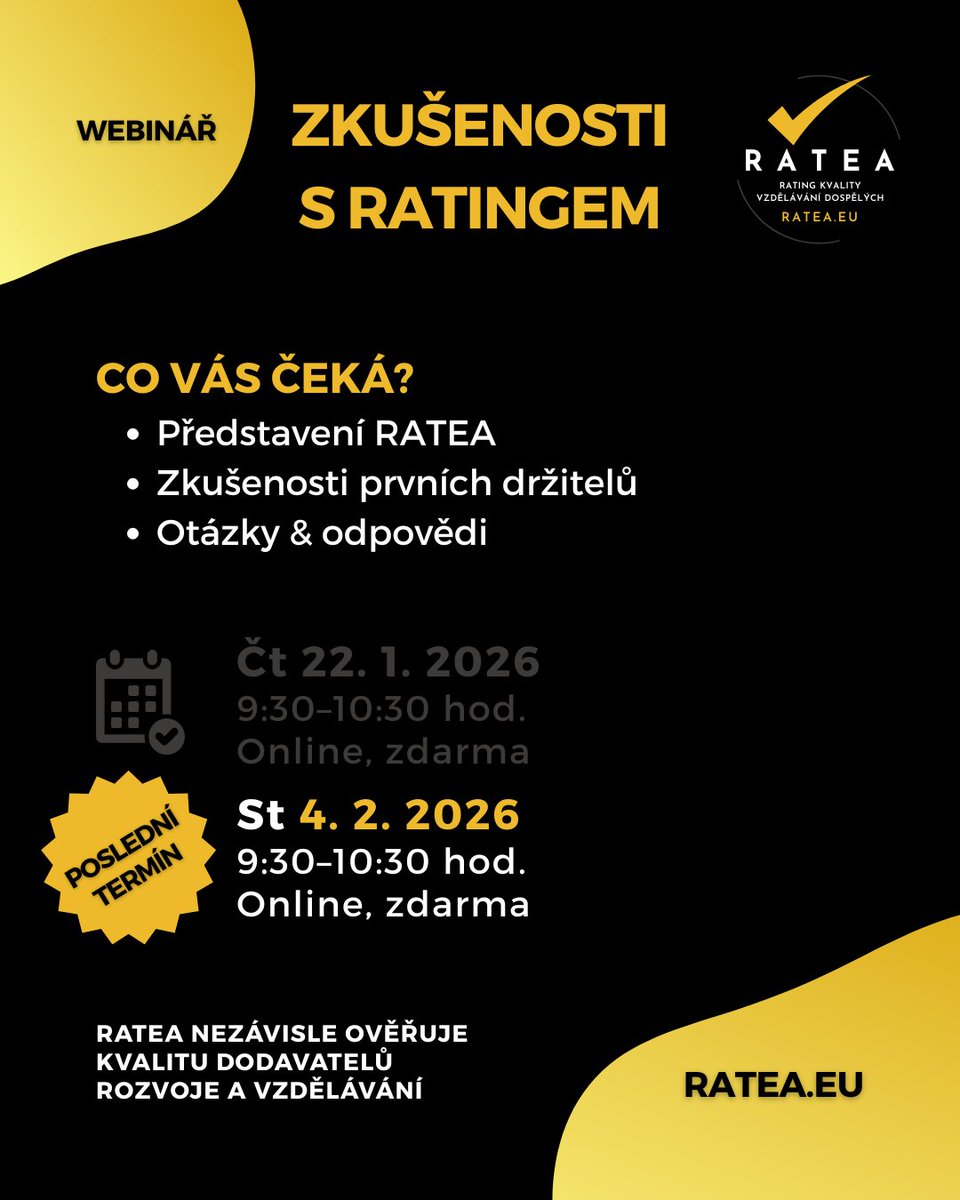 🟡 Máte zájem dovědět se, co je rating vzdělávání dospělých RATEA? Jaká má kritéria? A jaké jsou zkušenosti prvních úspěšných držitelů RATEA?

Přihlaste se na 🆓 webinář 4. 2. 2026 od 9:30 v Zoomu a dozvíte se odpověď na každou otázku. 💭 

Registrace: firemnivzdelavani.eu/events/zkuseno…