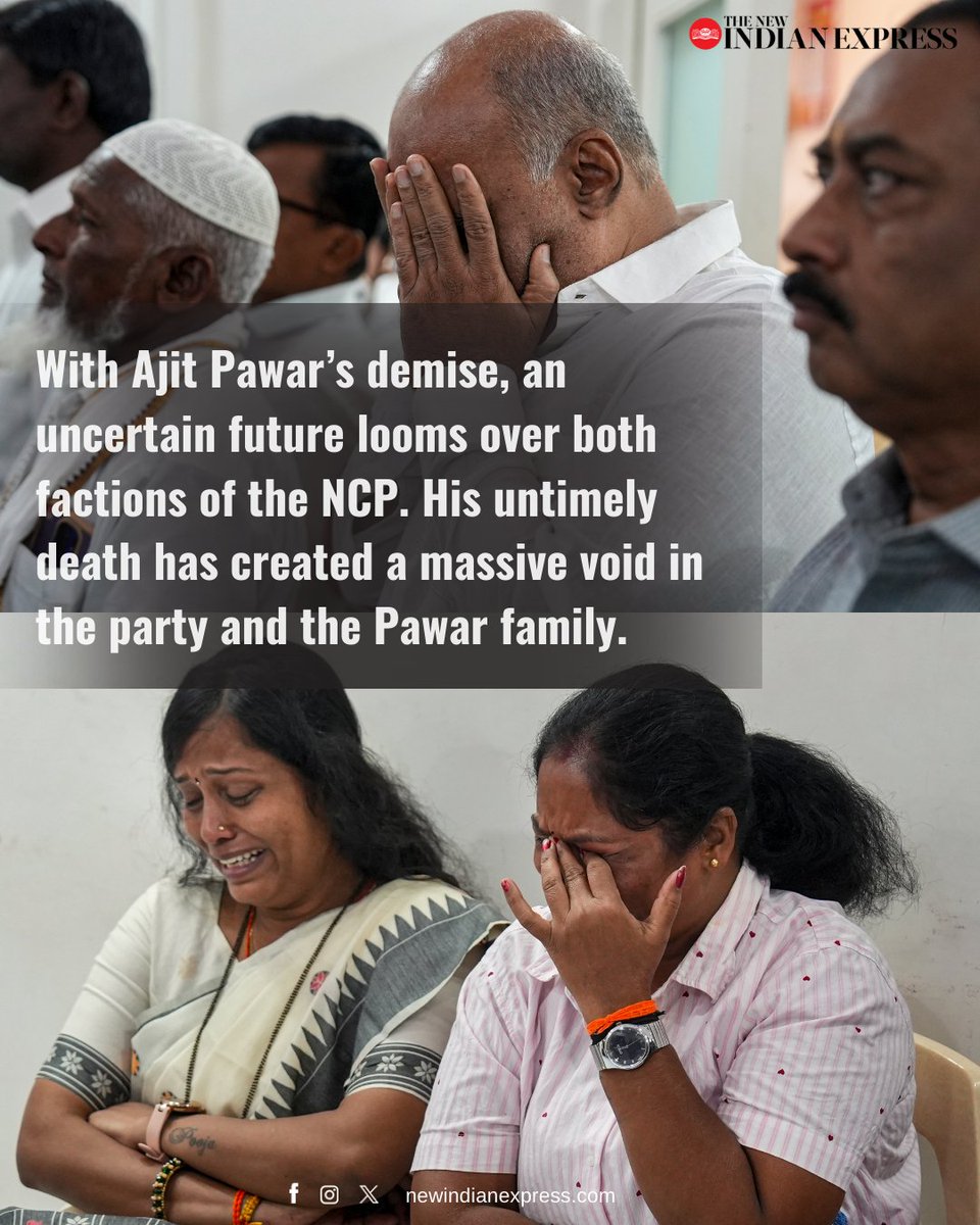 NewIndianXpress's tweet photo. Before the tragic plane crash in Baramati, Maharashtra’s influential Pawar family had reached a consensus to anoint Deputy CM #AjitPawar as the supreme leader of both factions of the NCP and the family, with 85-year-old Sharad Pawar choosing to step away from active politics and hand over the reins to his 66-year-old nephew. 

Meetings were underway in both Sharad Pawar and Ajit camps, and final touches were about to be given to the transition.   

However, fate had something different in store for Ajit Pawar.  

With Ajit Pawar’s demise, an uncertain future looms over both factions of the NCP.  

🔗https://t.co/AND5ZpsMGX

@ss_suryawanshi