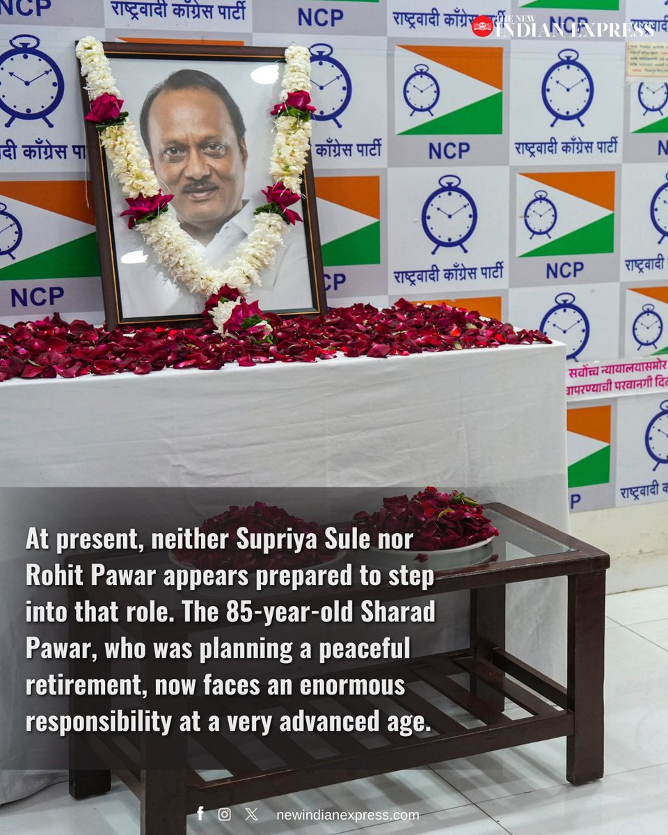 NewIndianXpress's tweet photo. Before the tragic plane crash in Baramati, Maharashtra’s influential Pawar family had reached a consensus to anoint Deputy CM #AjitPawar as the supreme leader of both factions of the NCP and the family, with 85-year-old Sharad Pawar choosing to step away from active politics and hand over the reins to his 66-year-old nephew. 

Meetings were underway in both Sharad Pawar and Ajit camps, and final touches were about to be given to the transition.   

However, fate had something different in store for Ajit Pawar.  

With Ajit Pawar’s demise, an uncertain future looms over both factions of the NCP.  

🔗https://t.co/AND5ZpsMGX

@ss_suryawanshi