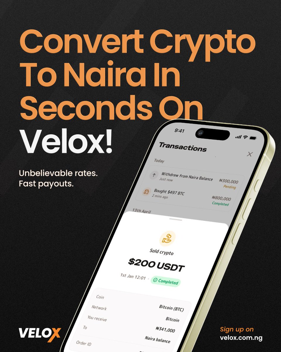 Got crypto? 
Turn it into naira in seconds with Velox⚡️ #Tradecrypto #CryptoXchange #CryptoTonaira #Veloxexchange