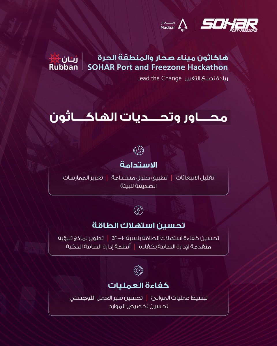 Towards more sustainable logistics solutions. 
نحو حلول لوجستية أكثر استدامة

#Rubbanhackathon #Madaar #SOHARrzoneandfreezone