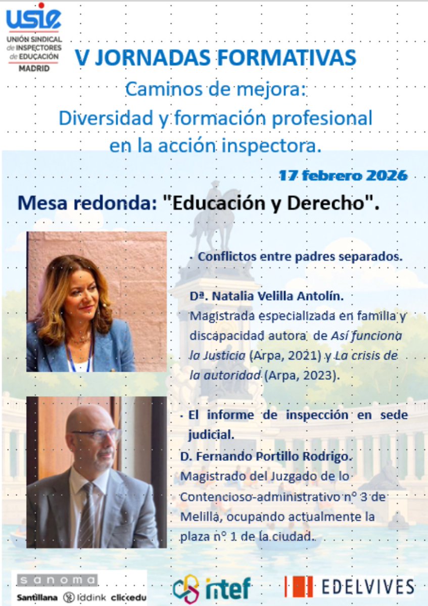 📢 V Jornada #USIEMadrid
📍Escuela Superior Hostelería y Turismo Casa Campo Madrid 
📅 17/02/25. 9-18 h.
📅 Apúntate hasta 10/02 🔗 acortar.link/pTAs0h
📌 Excelente Mesa Educación-Derecho con  <a href="/natalia_velilla/">Natalia Velilla 🇪🇺</a>, magistrada de familia y discapacidad y el juez <a href="/JudgeTheZipper/">Judge the Zipper</a>