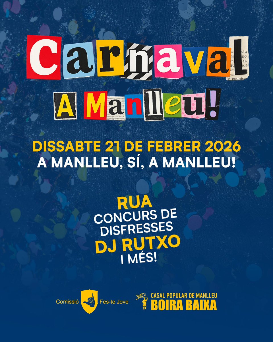 🥳 Novetats importants: CARNAVAL A MANLLEU! 🪩

👉🏽 @festejove i el Boira Baixa ens unim per organitzar una festassa: rua, concurs de disfresses, sopar popular, DJ Rutxo i més sorpreses! 🕺🏾

🗓️ Dissabte 21 de febrer a #Manlleu. Sí, a Manlleu!

🔜 Ben aviat, tots els detalls...