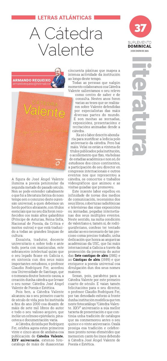 armandorequeixo's tweet photo. A Cátedra Valente da USC, dirixida por Claudio Rodríguez Fer, cumpre un cuarto de século estudando e proxectando a obra deste gran poeta e intelectual galego. Sexan parabéns e continúe por moitos anos tan meritorio labor. https://t.co/z1du8oChFC
