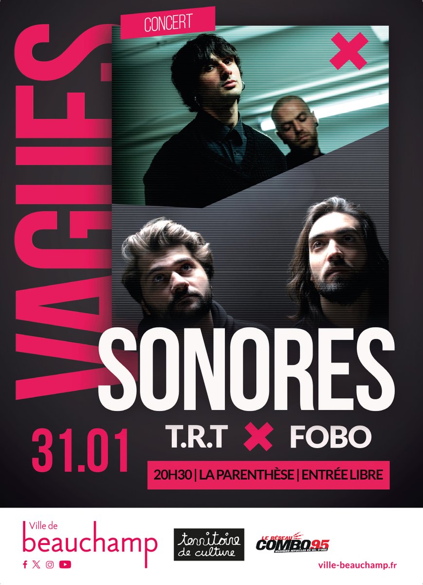 VilleBeauchamp's tweet photo. 🎶Concert - Nouvelles vagues sonores
Électro &amp; rock live à La Parenthèse 🔊
🔥 T.R.T 
🎛️ Première partie : FOBO 
📅 Samedi 31 janvier • 20h30
📍 La Parenthèse
🎟️ Entrée libre &amp; gratuite
#Concert #MusiquesActuelles #ValdOise #LiveMusic https://t.co/kZvNe1jjCc