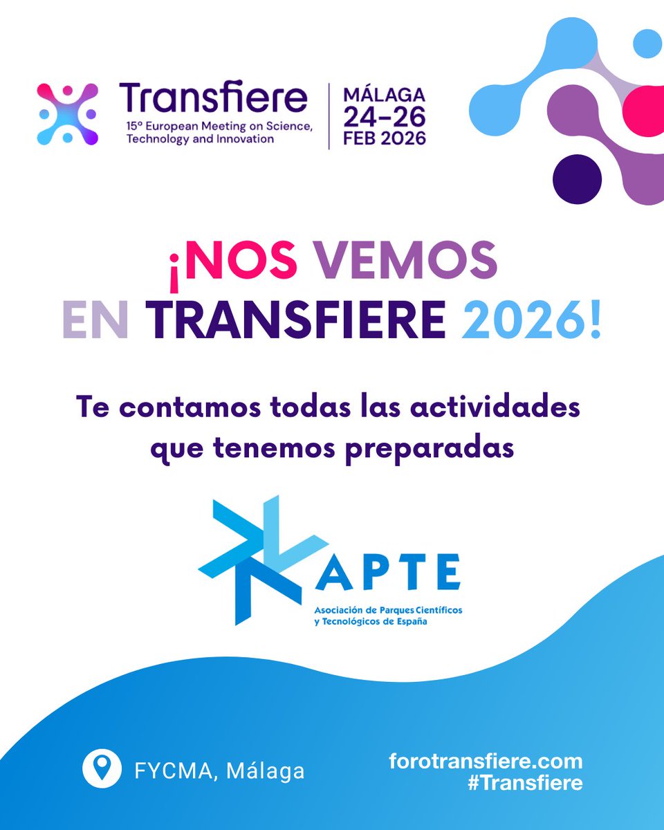 ⏳ ¡Cuenta atrás para #Transfiere2026! 🚀

Los parques científicos y tecnológicos renuevan su cita con el Transfiere, del 24 al 26 de febrero en <a href="/Fycma/">Fycma</a> (Málaga).

Os contamos más detalles aquí 👇

apte.org/15o-foro-trans…